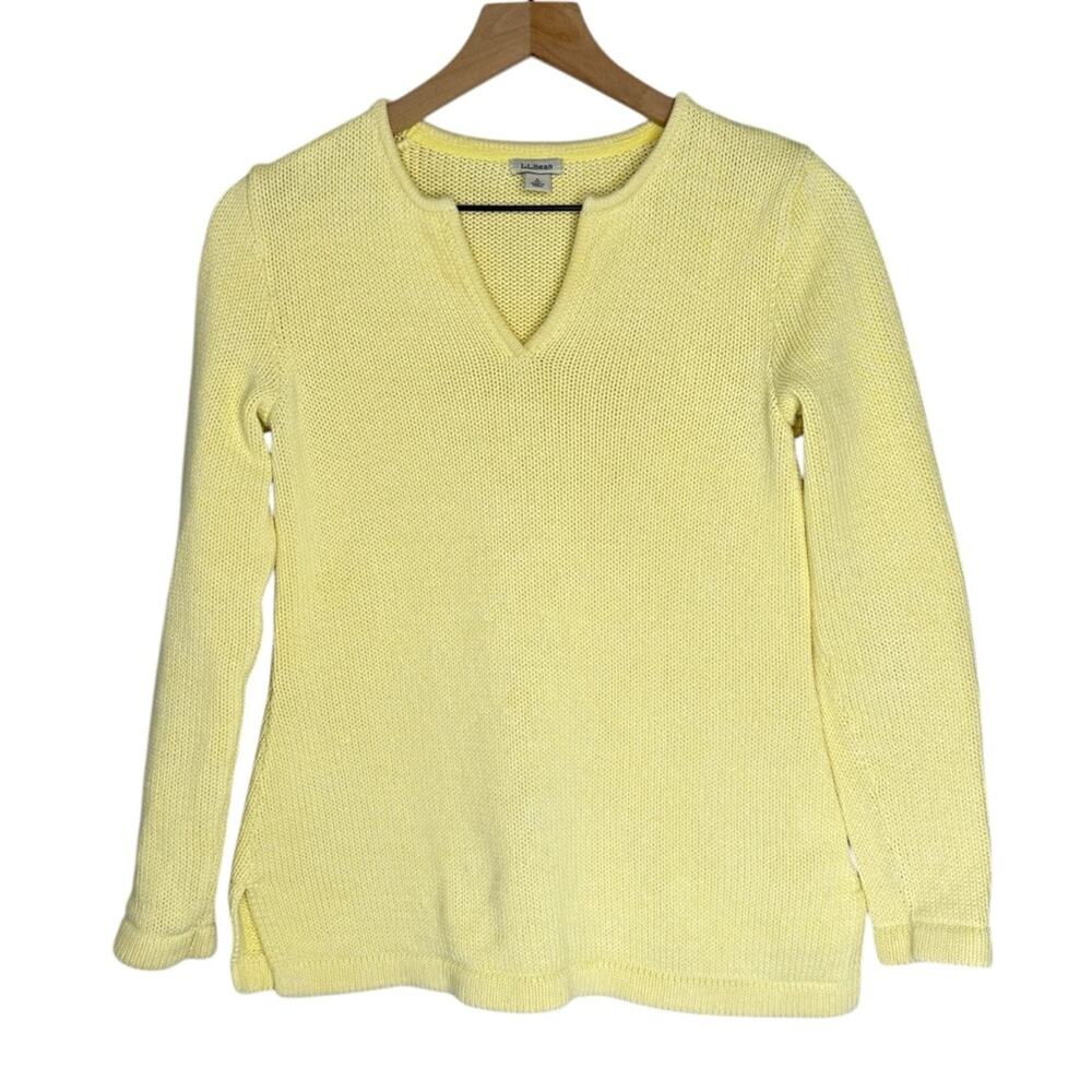 LL Bean yellow cotton knit v neck sweater small soft coastal grandma cottagecore